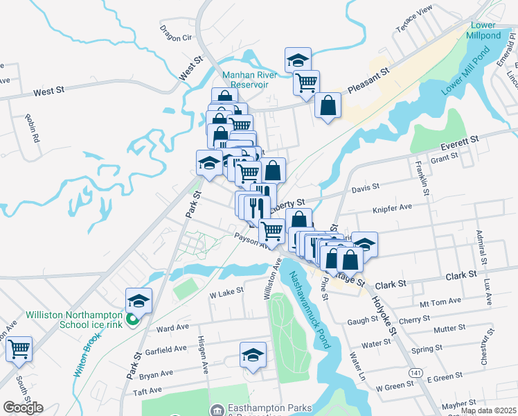 map of restaurants, bars, coffee shops, grocery stores, and more near 97 Union Street in Easthampton