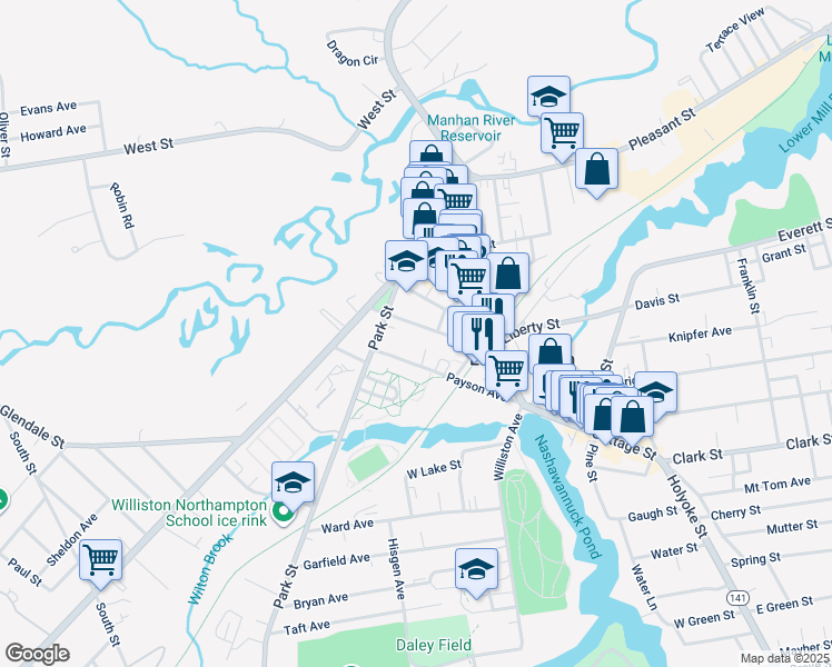 map of restaurants, bars, coffee shops, grocery stores, and more near 9 Payson Avenue in Easthampton