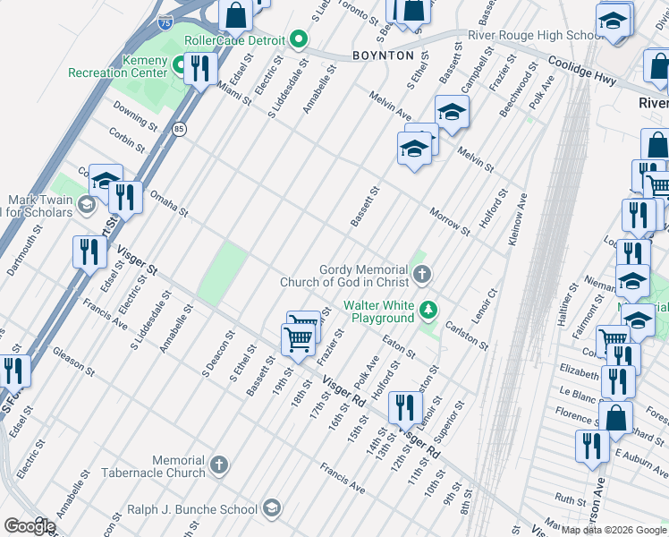 map of restaurants, bars, coffee shops, grocery stores, and more near 2521 Bassett Street in Detroit