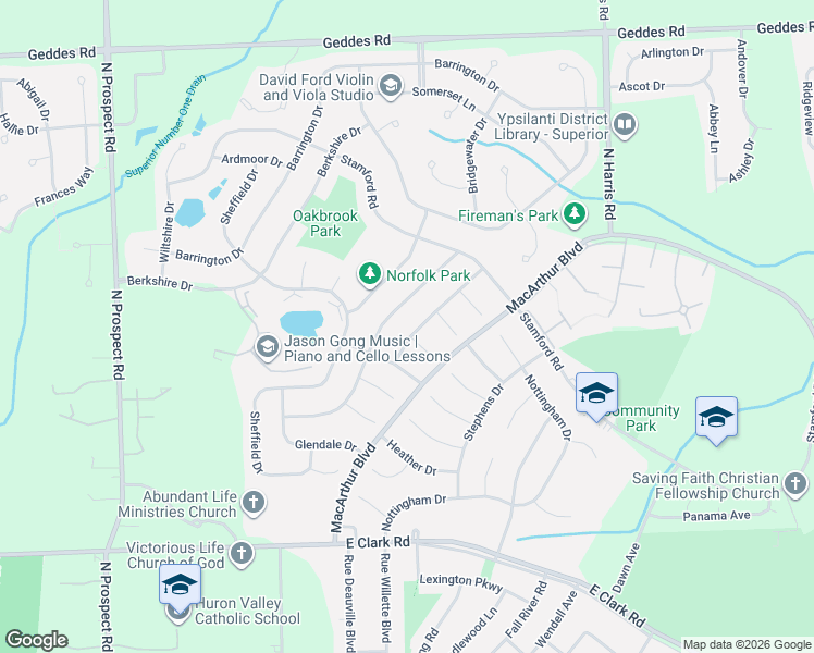 map of restaurants, bars, coffee shops, grocery stores, and more near 1783 Manchester Drive in Superior Charter Township