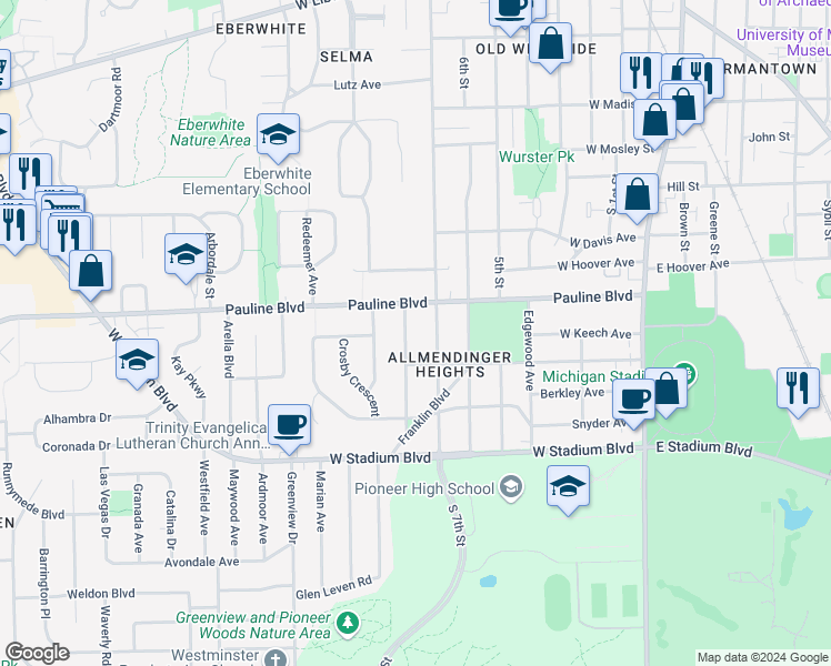 map of restaurants, bars, coffee shops, grocery stores, and more near in Ann Arbor