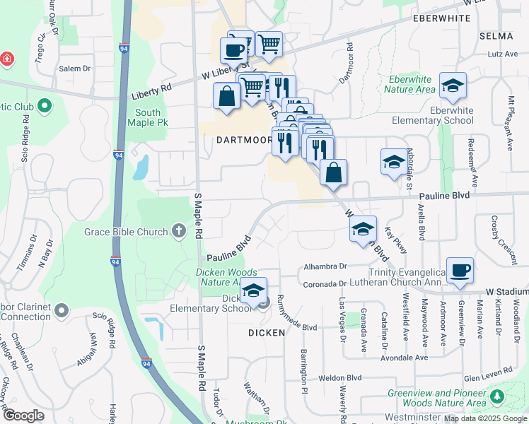 map of restaurants, bars, coffee shops, grocery stores, and more near in Ann Arbor