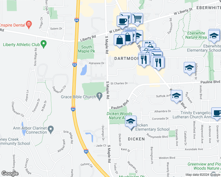 map of restaurants, bars, coffee shops, grocery stores, and more near 1241 South Maple Road in Ann Arbor