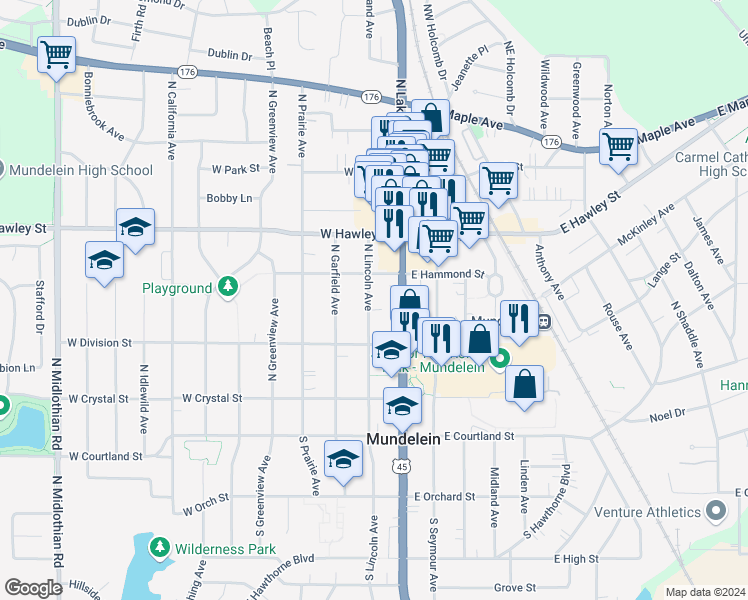map of restaurants, bars, coffee shops, grocery stores, and more near 257 North Lincoln Avenue in Mundelein
