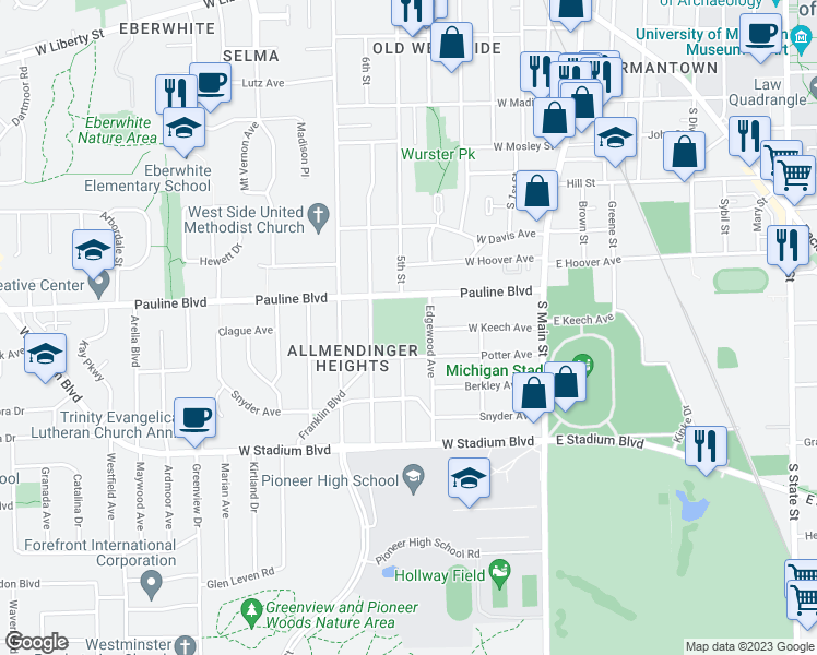 map of restaurants, bars, coffee shops, grocery stores, and more near 655 Pauline Boulevard in Ann Arbor