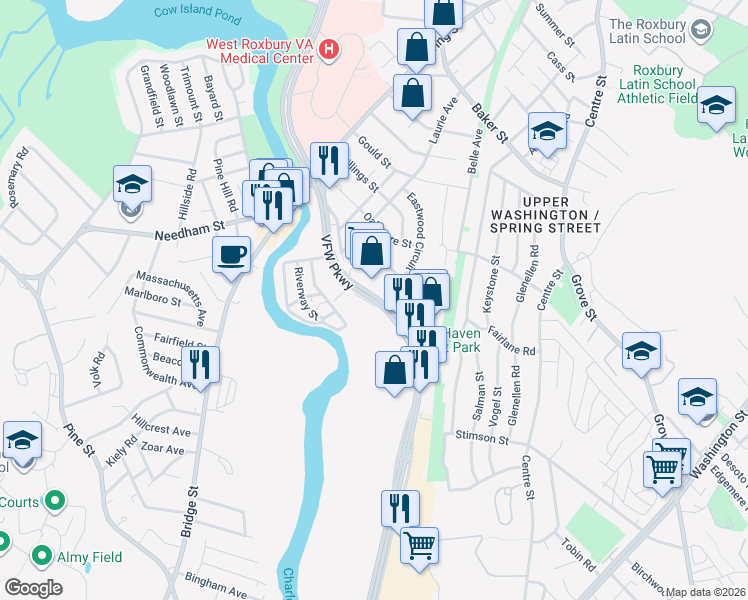 map of restaurants, bars, coffee shops, grocery stores, and more near 1575 VFW Parkway in Boston