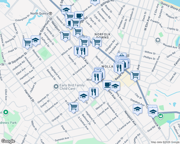 map of restaurants, bars, coffee shops, grocery stores, and more near 210 Arlington Street in Quincy