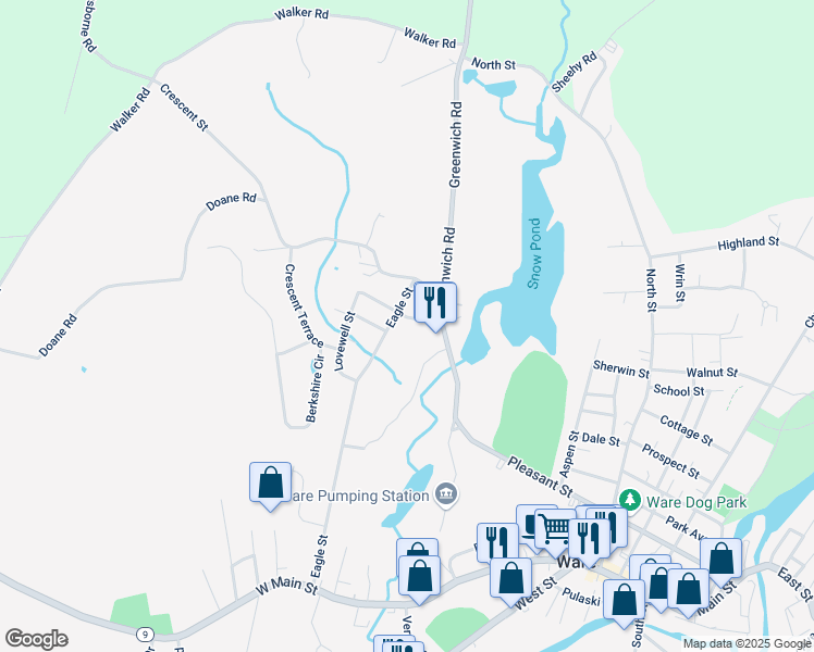 map of restaurants, bars, coffee shops, grocery stores, and more near 4 Willow Street in Ware