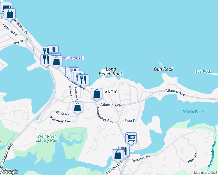 map of restaurants, bars, coffee shops, grocery stores, and more near 27 Oceanside Drive in Hull