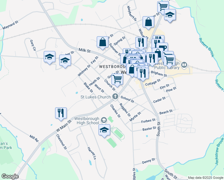 map of restaurants, bars, coffee shops, grocery stores, and more near in Westborough