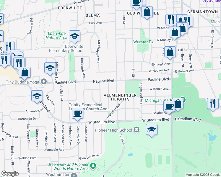 map of restaurants, bars, coffee shops, grocery stores, and more near in Ann Arbor