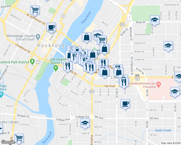 map of restaurants, bars, coffee shops, grocery stores, and more near 514 East State Street in Rockford