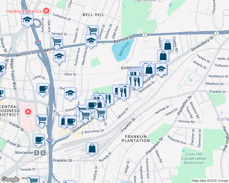 map of restaurants, bars, coffee shops, grocery stores, and more near 1 East Park Terrace in Worcester