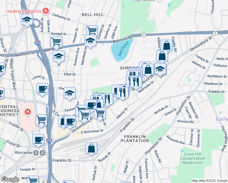map of restaurants, bars, coffee shops, grocery stores, and more near 1 East Park Terrace in Worcester