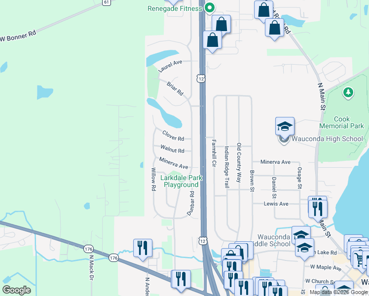 map of restaurants, bars, coffee shops, grocery stores, and more near 635 Walnut Road in Wauconda