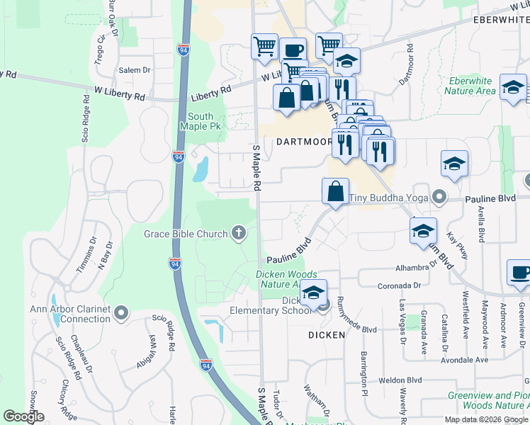 map of restaurants, bars, coffee shops, grocery stores, and more near 1241 South Maple Road in Ann Arbor
