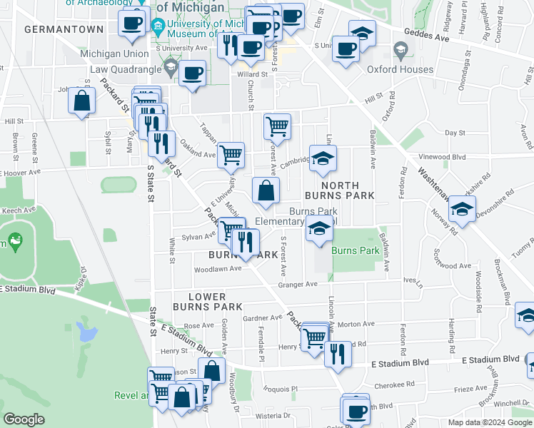 map of restaurants, bars, coffee shops, grocery stores, and more near 1221 Prospect Avenue in Ann Arbor