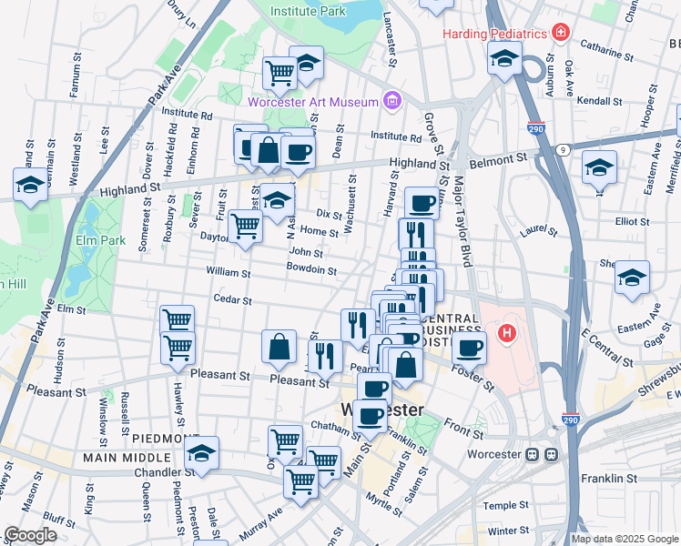 map of restaurants, bars, coffee shops, grocery stores, and more near Bowdoin Street in Worcester