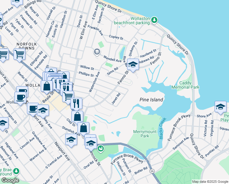 map of restaurants, bars, coffee shops, grocery stores, and more near 157 Fenno Street in Quincy