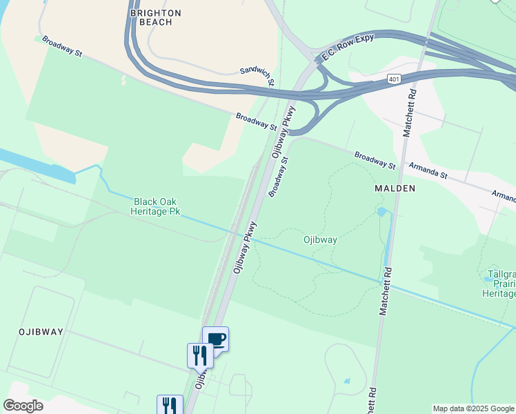 map of restaurants, bars, coffee shops, grocery stores, and more near Ojibway Parkway in Windsor