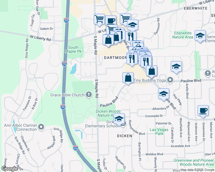 map of restaurants, bars, coffee shops, grocery stores, and more near 2120 Pauline Boulevard in Ann Arbor