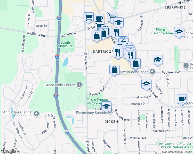 map of restaurants, bars, coffee shops, grocery stores, and more near 2120 Pauline Boulevard in Ann Arbor
