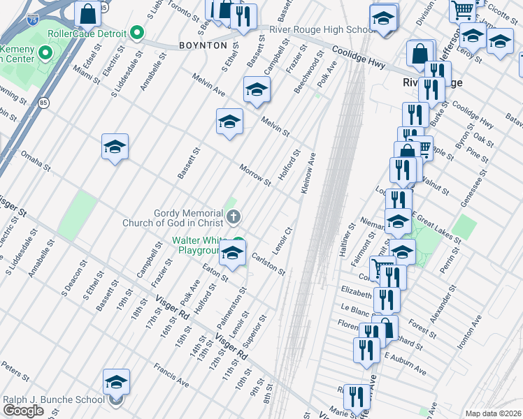map of restaurants, bars, coffee shops, grocery stores, and more near Holford Street in River Rouge
