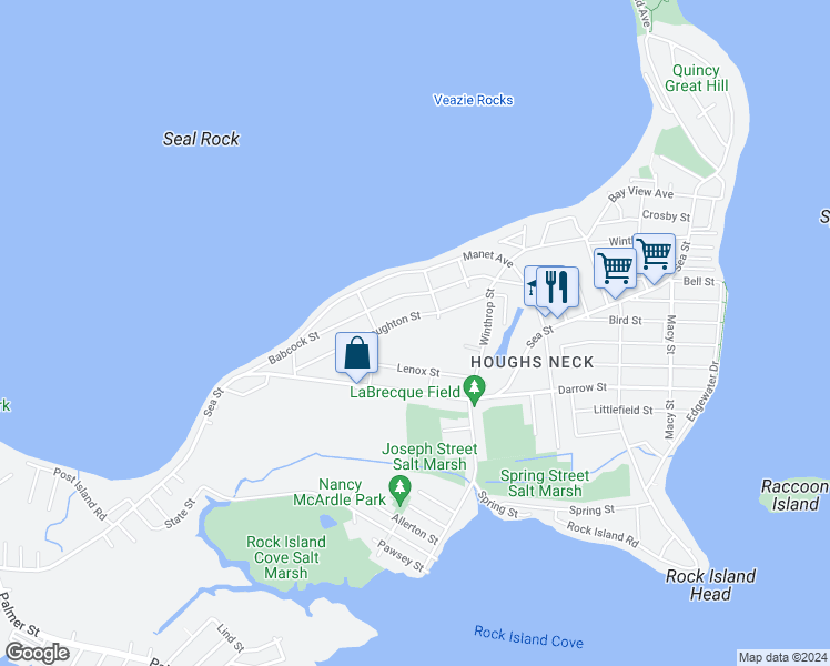 map of restaurants, bars, coffee shops, grocery stores, and more near 1328 Needham Street in Quincy
