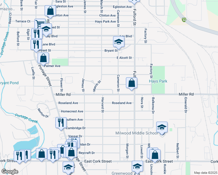 map of restaurants, bars, coffee shops, grocery stores, and more near 1423 Trails End Street in Kalamazoo