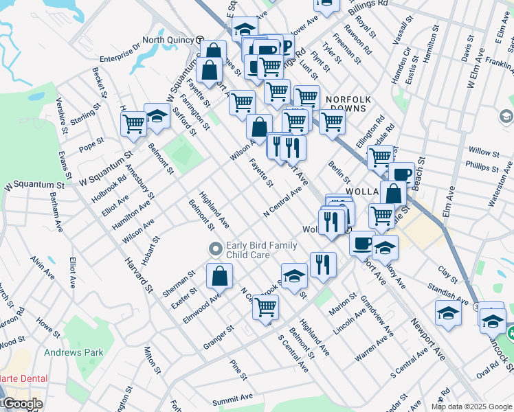 map of restaurants, bars, coffee shops, grocery stores, and more near 74 Taylor Street in Quincy