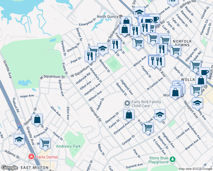 map of restaurants, bars, coffee shops, grocery stores, and more near 173 Hobart Street in Quincy