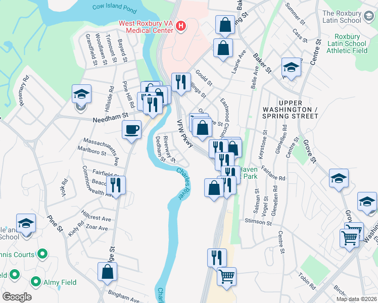 map of restaurants, bars, coffee shops, grocery stores, and more near 1515 VFW Parkway in Boston