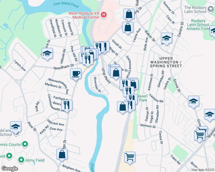 map of restaurants, bars, coffee shops, grocery stores, and more near 1515 VFW Parkway in Boston