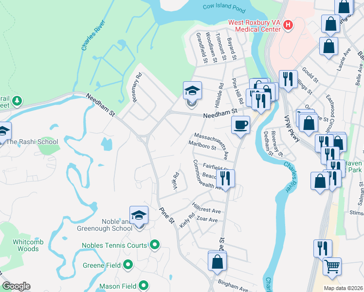map of restaurants, bars, coffee shops, grocery stores, and more near 138 Massachusetts Avenue in Dedham