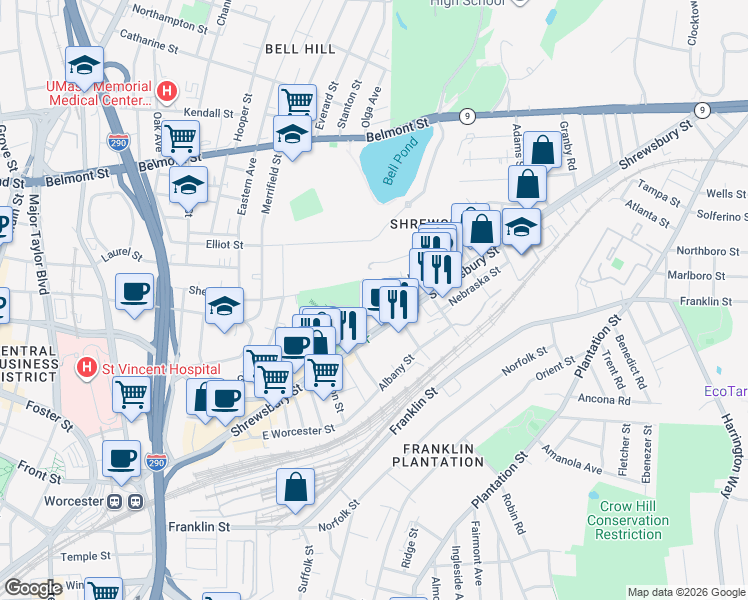 map of restaurants, bars, coffee shops, grocery stores, and more near 218 Shrewsbury Street in Worcester