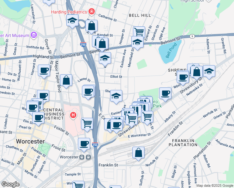 map of restaurants, bars, coffee shops, grocery stores, and more near Prospect Street in Worcester