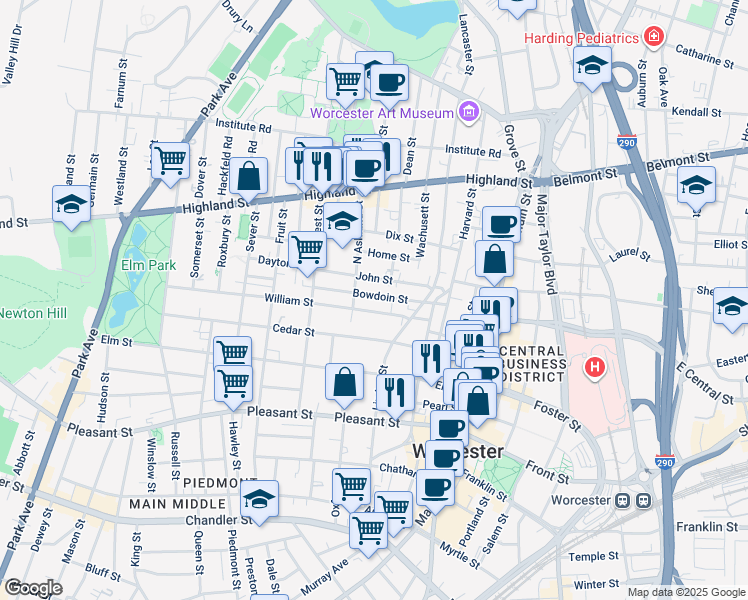 map of restaurants, bars, coffee shops, grocery stores, and more near 27 William Street in Worcester