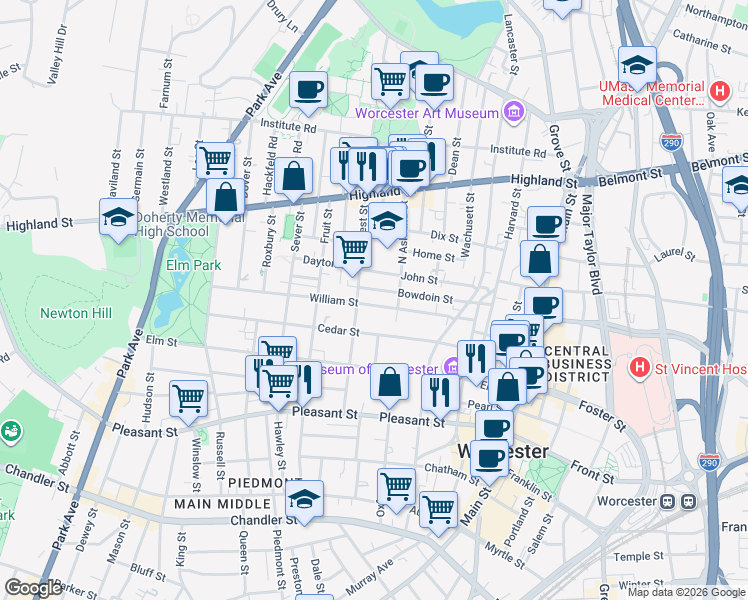 map of restaurants, bars, coffee shops, grocery stores, and more near 42 William Street in Worcester