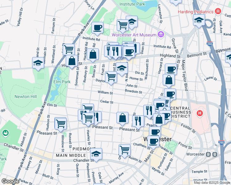 map of restaurants, bars, coffee shops, grocery stores, and more near 42 William Street in Worcester