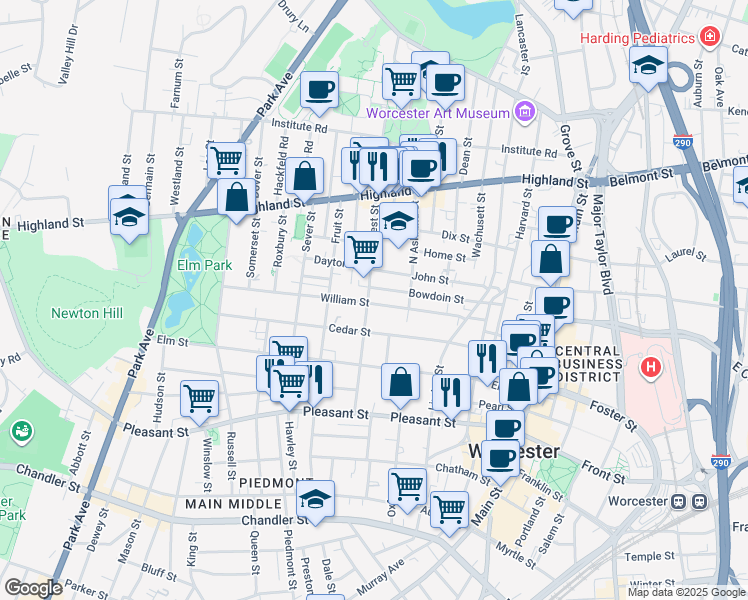 map of restaurants, bars, coffee shops, grocery stores, and more near 42 William Street in Worcester