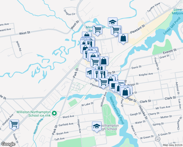 map of restaurants, bars, coffee shops, grocery stores, and more near 30 Center Street in Easthampton
