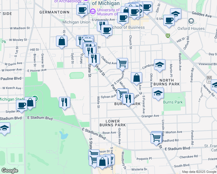 map of restaurants, bars, coffee shops, grocery stores, and more near 840 Brookwood Place in Ann Arbor