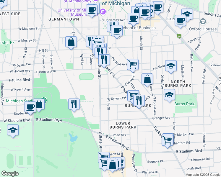 map of restaurants, bars, coffee shops, grocery stores, and more near 1211 White Street in Ann Arbor