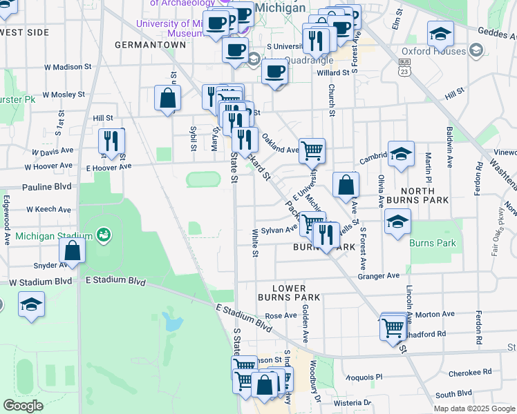 map of restaurants, bars, coffee shops, grocery stores, and more near 1211 White Street in Ann Arbor