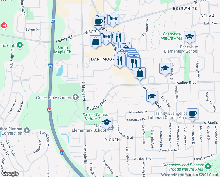 map of restaurants, bars, coffee shops, grocery stores, and more near in Ann Arbor