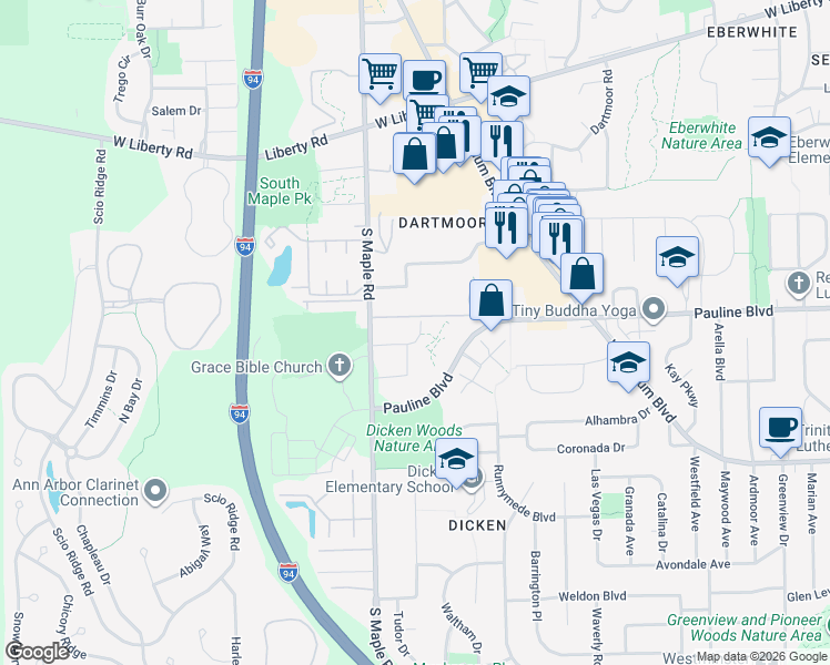map of restaurants, bars, coffee shops, grocery stores, and more near 2120 Pauline Boulevard in Ann Arbor