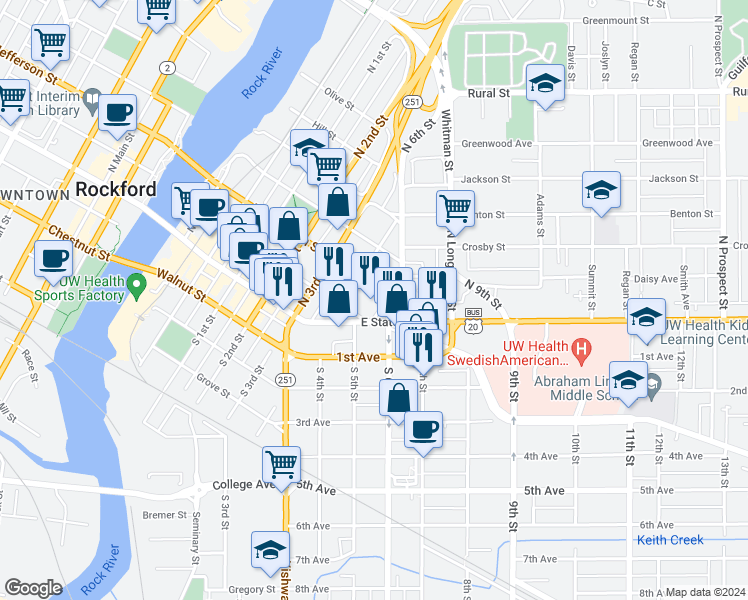 map of restaurants, bars, coffee shops, grocery stores, and more near 810 East State Street in Rockford