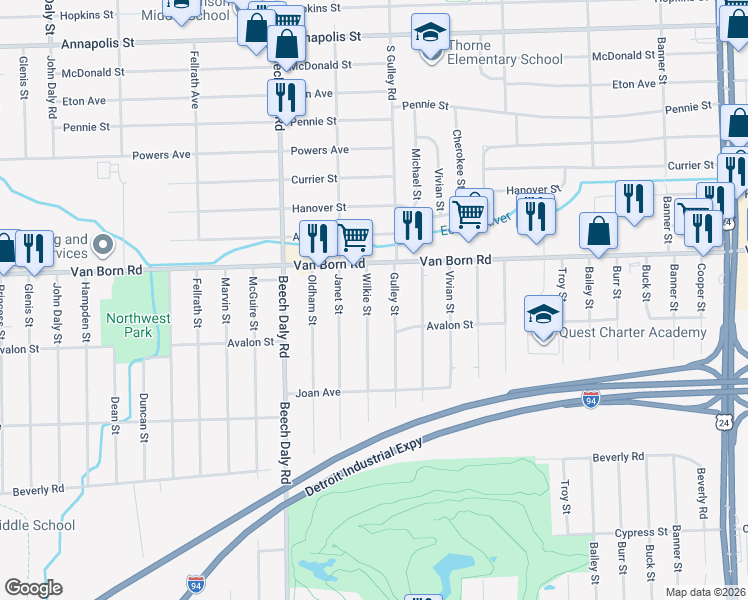 map of restaurants, bars, coffee shops, grocery stores, and more near 5933 Wilkie Street in Taylor