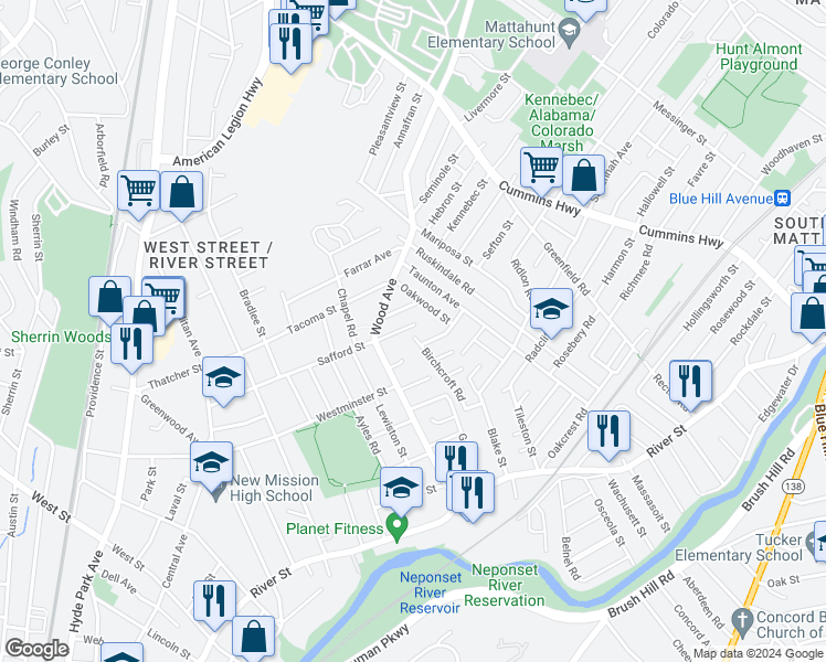 map of restaurants, bars, coffee shops, grocery stores, and more near 33 Parker Street in Boston
