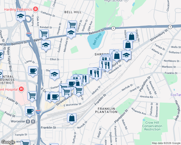 map of restaurants, bars, coffee shops, grocery stores, and more near 218 Shrewsbury Street in Worcester